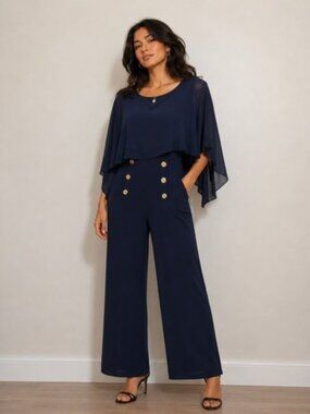 Joseph Ribkoff Navy Cape Overlay Jumpsuit Size XL